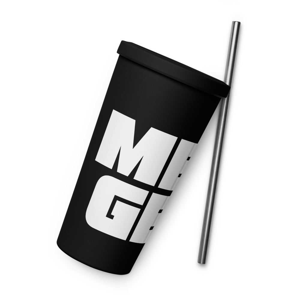 Insulated Tumbler With A Straw: Black w MEAN GENE icon