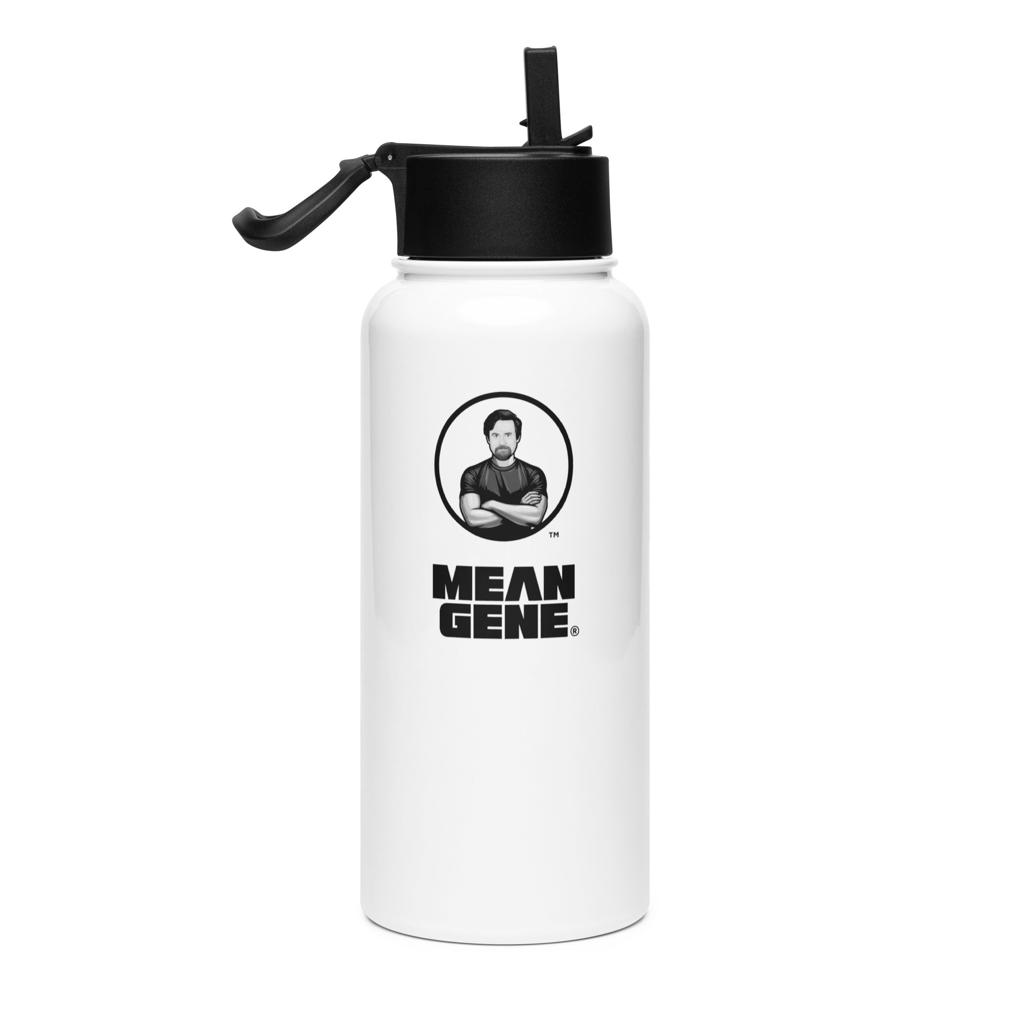 Stainless Steel Water Bottle w Straw Lid: White w MEAN GENE logo