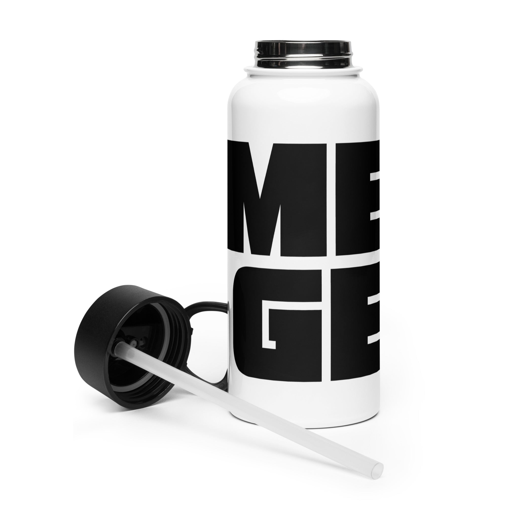 Stainless Steel Water Bottle w Straw Lid: White w MEAN GENE logo