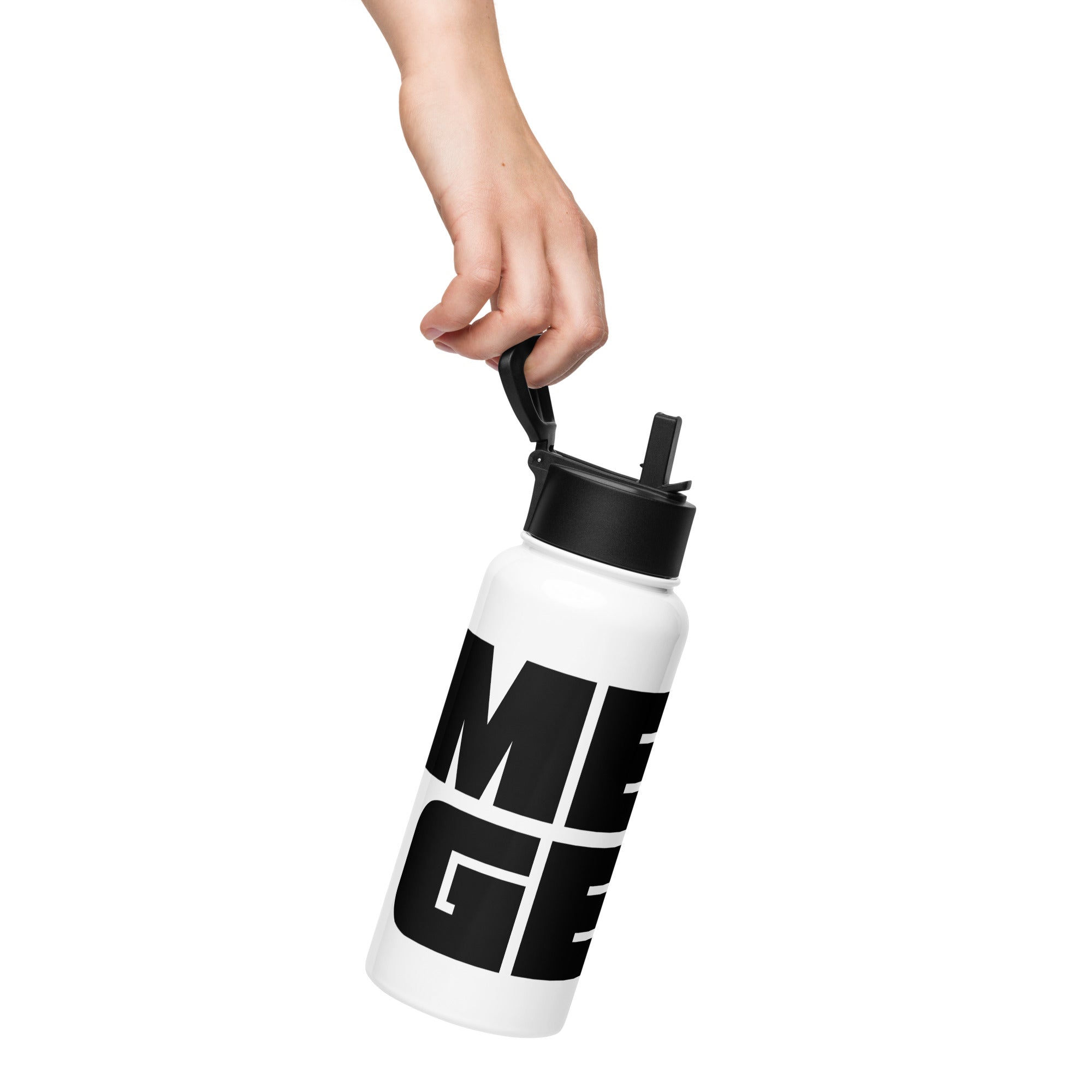 Stainless Steel Water Bottle w Straw Lid: White w MEAN GENE logo