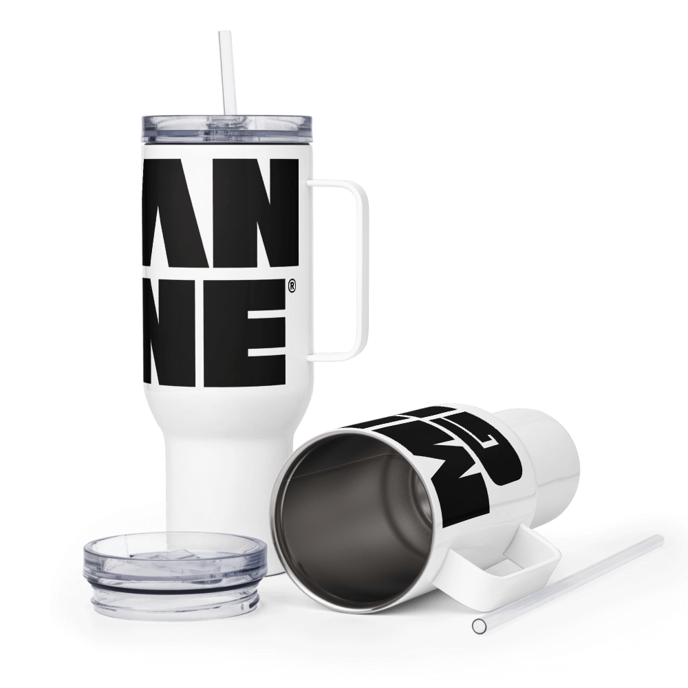 Stainless Steel Travel Mug w handle: White w MEAN GENE icon