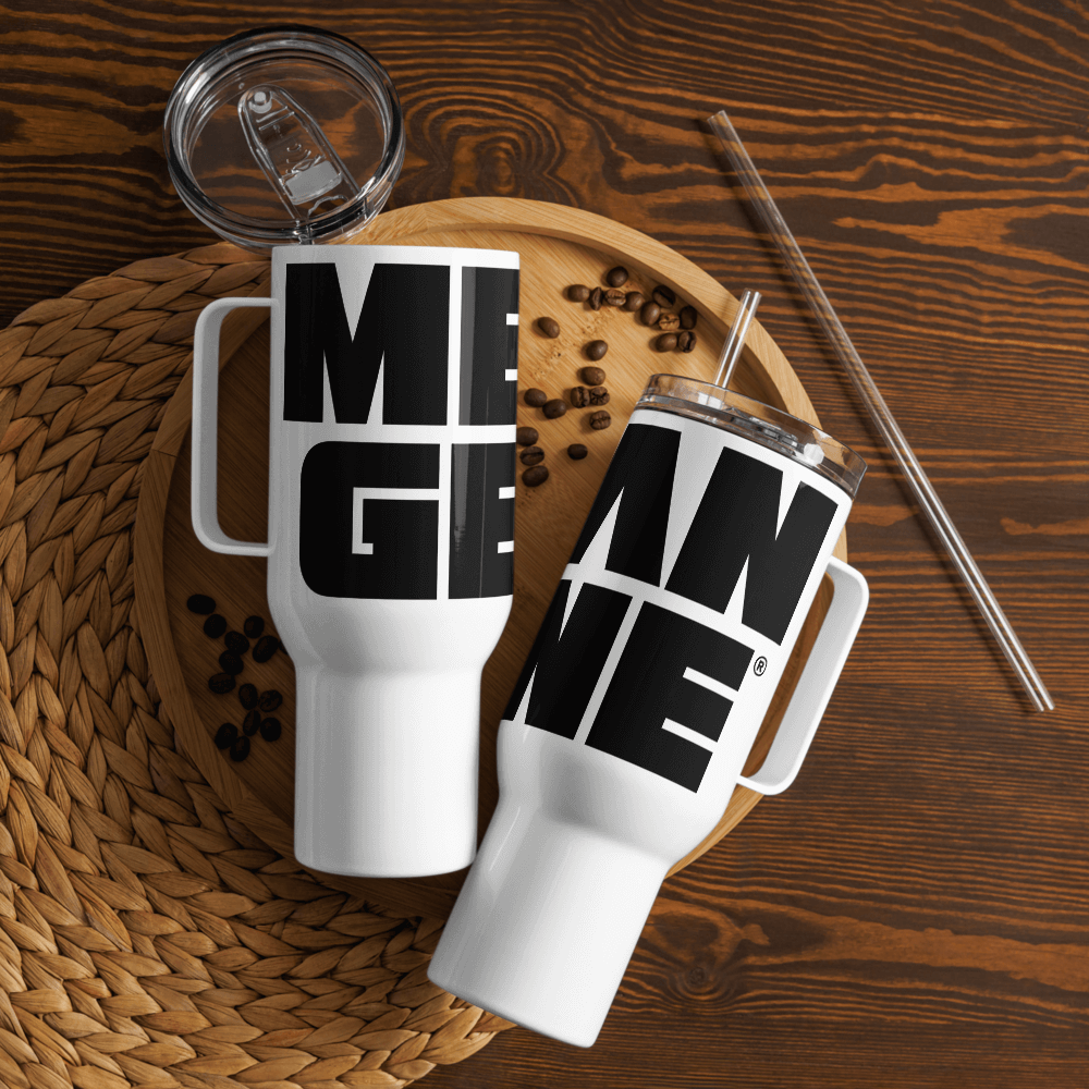 Stainless Steel Travel Mug w handle: White w MEAN GENE icon
