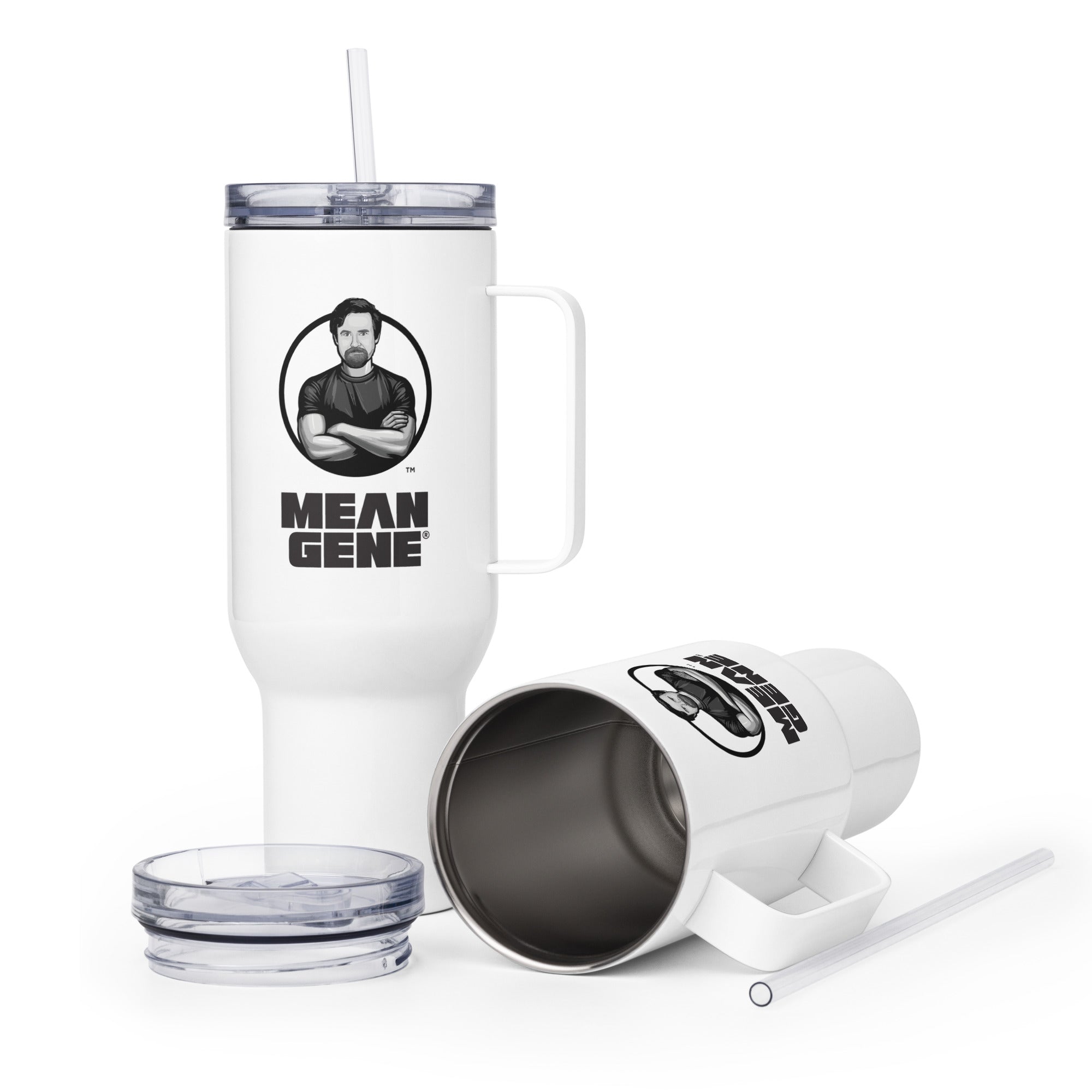 Stainless Steel Travel Mug w Handle: White w MEAN GENE logo