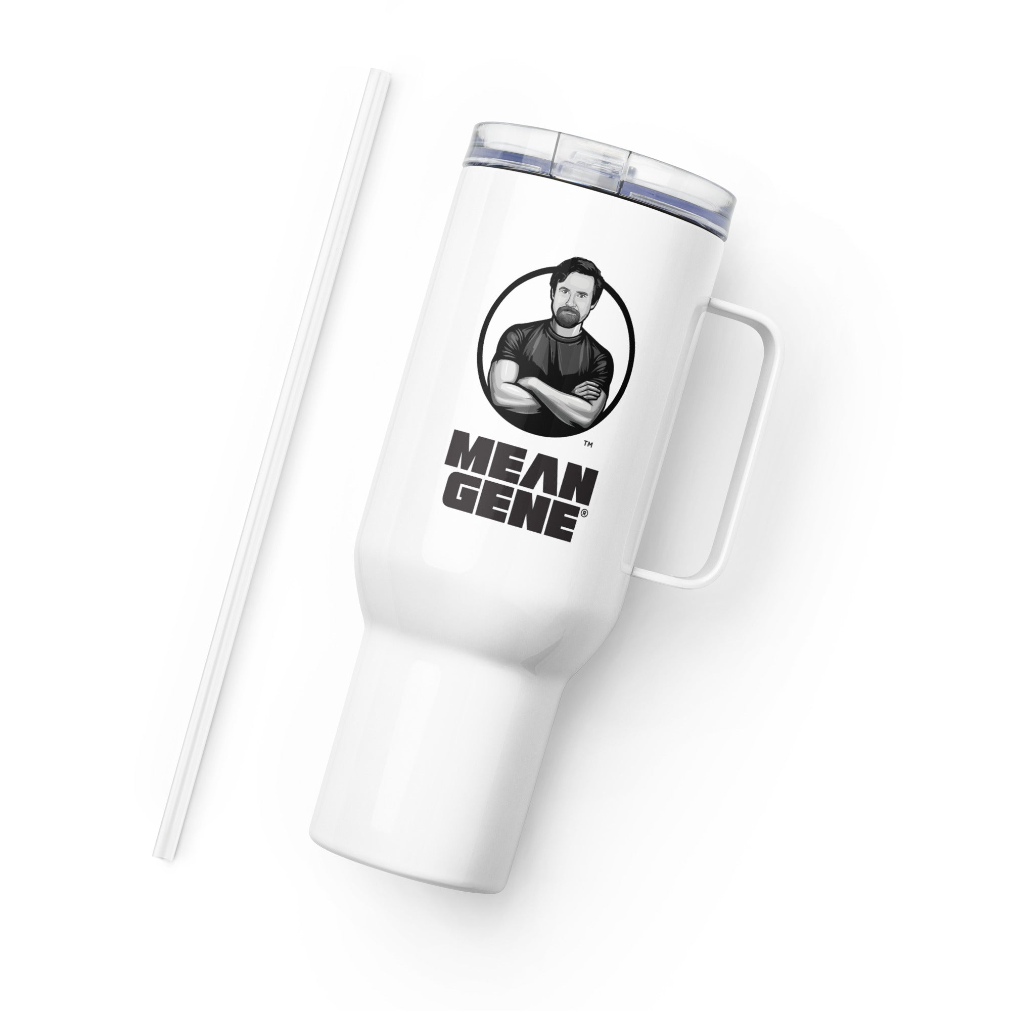 Stainless Steel Travel Mug w Handle: White w MEAN GENE logo