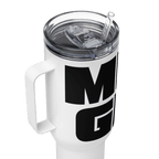 Stainless Steel Travel Mug w handle: White w MEAN GENE wordmark