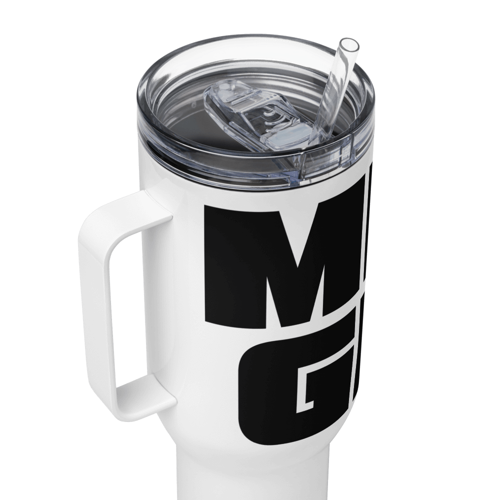 Stainless Steel Travel Mug w handle: White w MEAN GENE icon