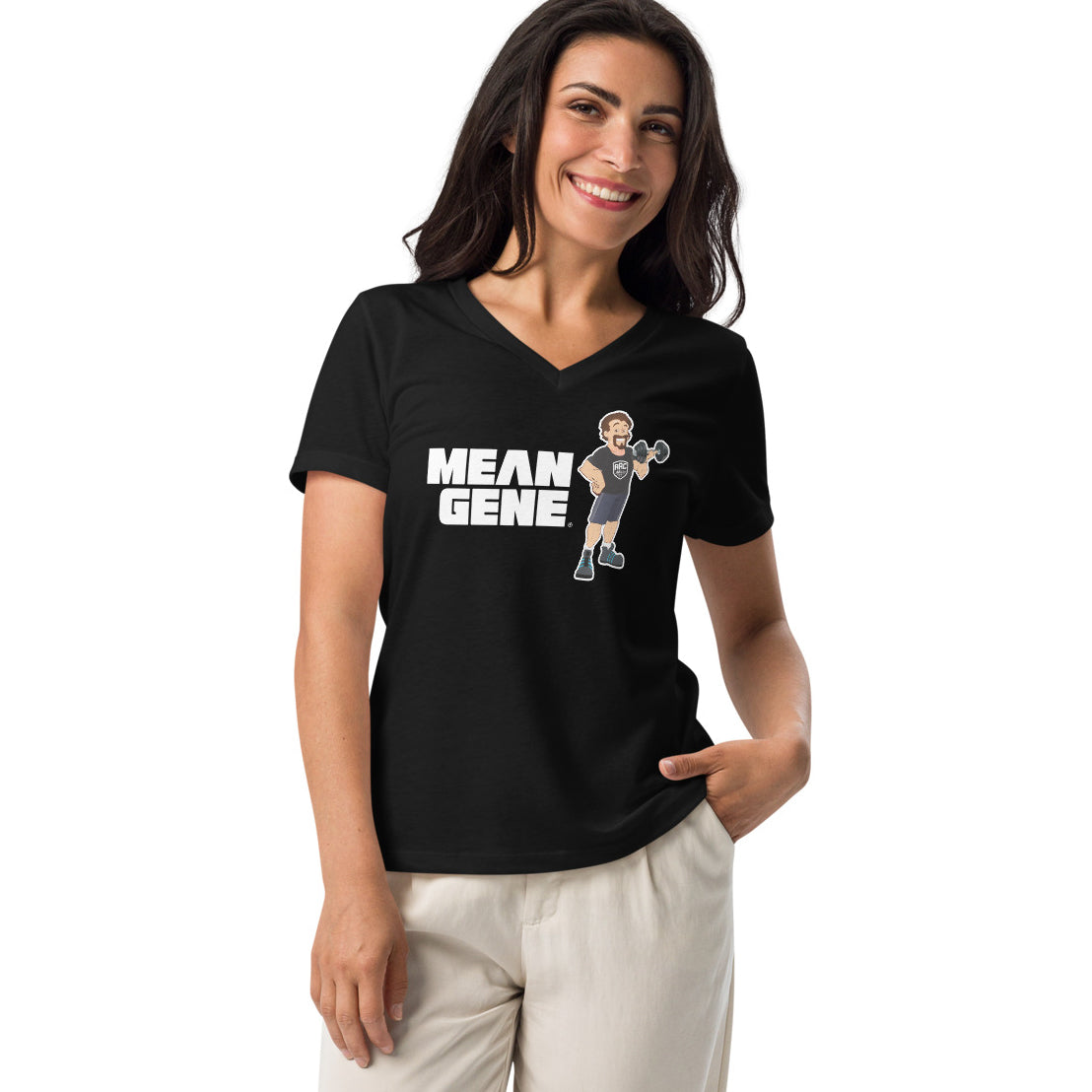 Women’s Relaxed V-Neck Tee: Black w STRONGMAN GENE logo